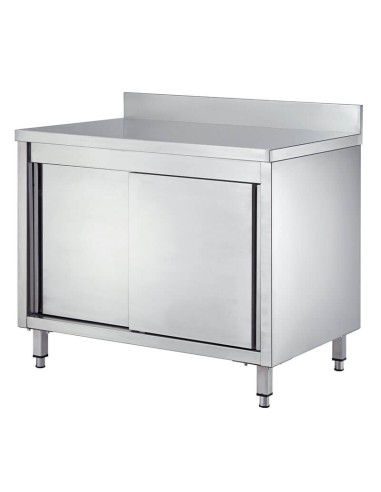 Stainless steel table with splashback and sliding doors 1400x600x950(h) mm