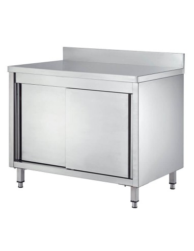 Tavolo inox armadiato alzatina e ante scorrevoli 1400x700x950(h) mm