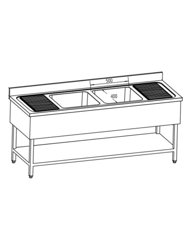 Lavello con gocciolatoio DX e SX e due lavelli 2000x700x950