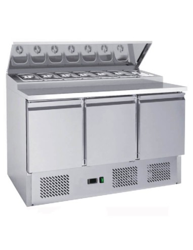 Banco Frigo Saladette Professionale 136,5x70 cm - Acciaio Inox 3 Porte - 8 Vaschette GN 1/6